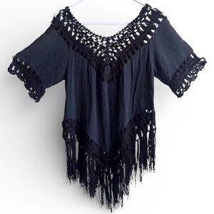 Vivid Black Crochet Fringe Boho Top Small